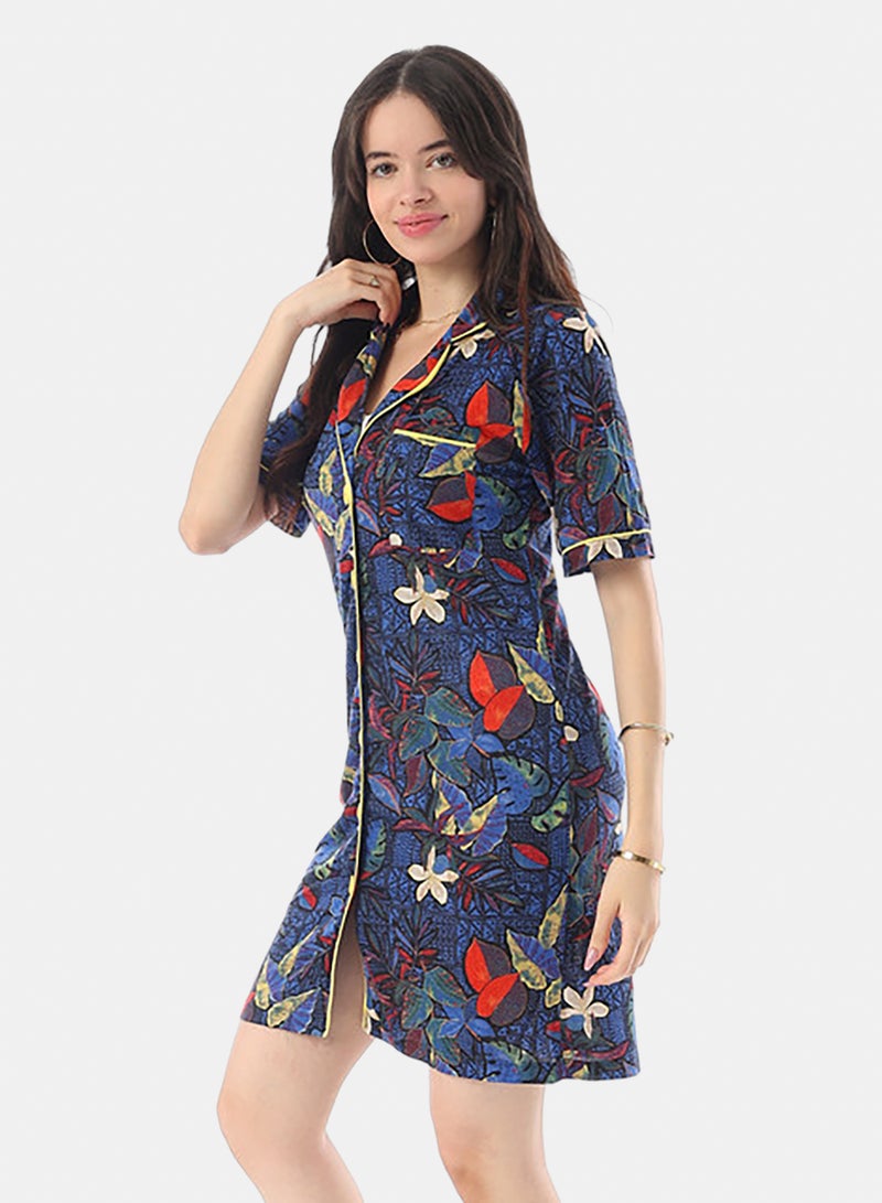 Andora Self Pattern Buttons Closure Sleepshirt - Blue, Red, and Yellow - Image 2