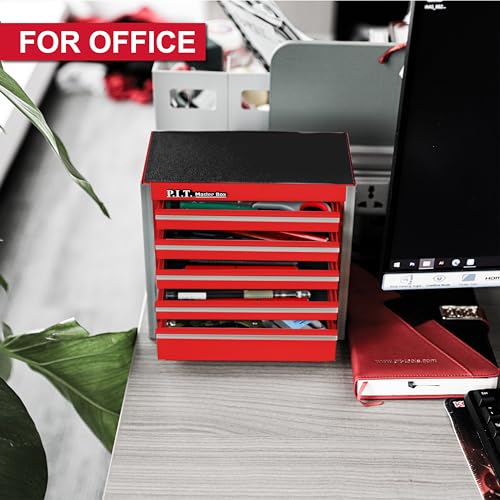 PIT P.I.T. Mini Red Tool Box, Portable 5-Drawer Micro Roll Cab Steel Tool Box with Liner, Red Small Tool Case for Tools Storage, Home DIY - Image 4