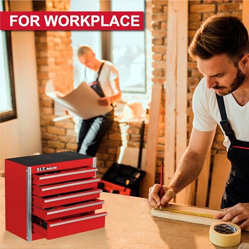 PIT P.I.T. Mini Red Tool Box, Portable 5-Drawer Micro Roll Cab Steel Tool Box with Liner, Red Small Tool Case for Tools Storage, Home DIY - Image 3