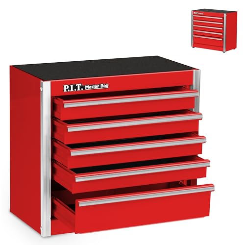 PIT P.I.T. Mini Red Tool Box, Portable 5-Drawer Micro Roll Cab Steel Tool Box with Liner, Red Small Tool Case for Tools Storage, Home DIY - Image 1