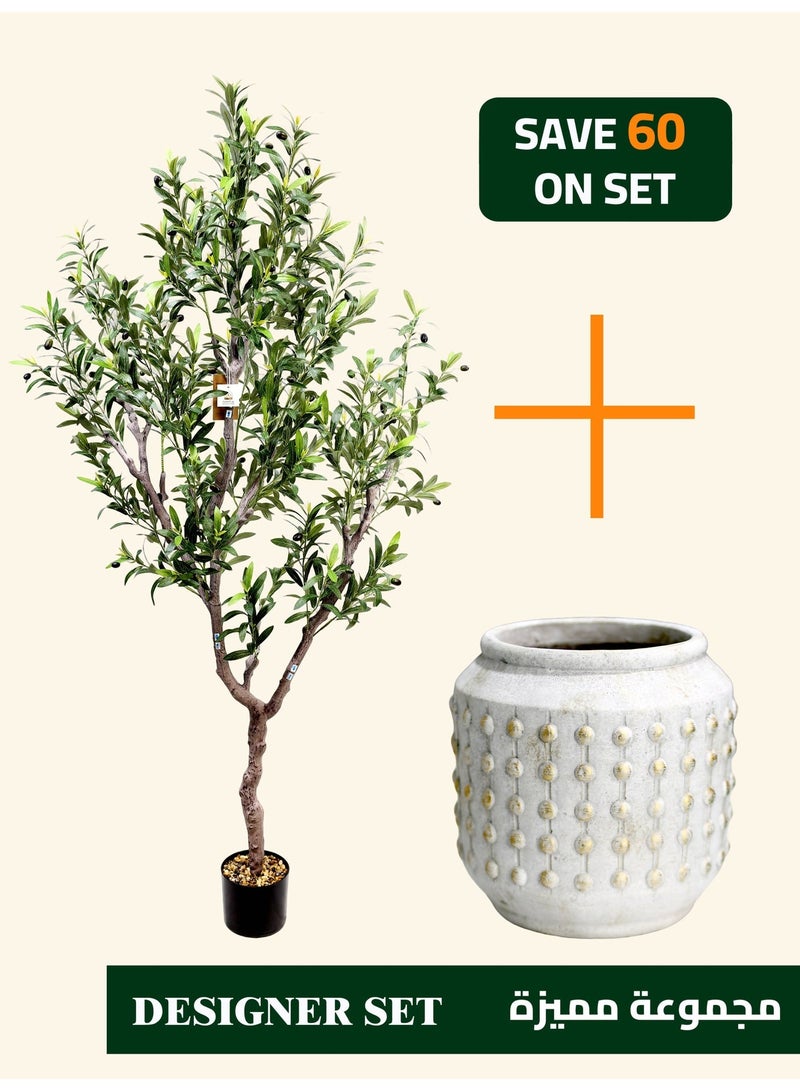 High-Quality Artificial Olive Tree (190cm) with Rounded Textured Cement Planter (30×30cm) – Space-Defining Focal Point for Large Interiors - Image 1