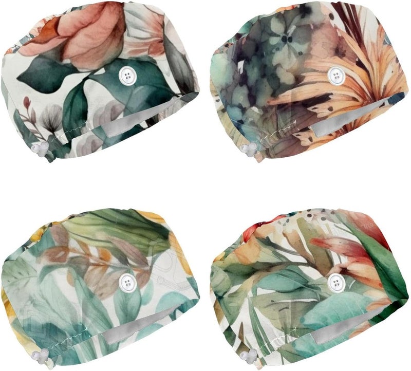 Adjustable 4 Packs Floral Pattern with Flowers Tie Back Hats Caps Bouffant Hat Scrub Hats for Women - Image 1