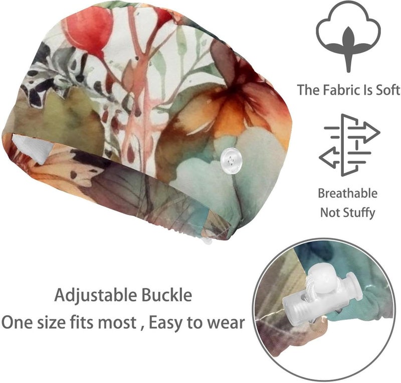 Adjustable 4 Packs Floral Pattern with Flowers Tie Back Hats Caps Bouffant Hat Scrub Hats for Women - Image 3