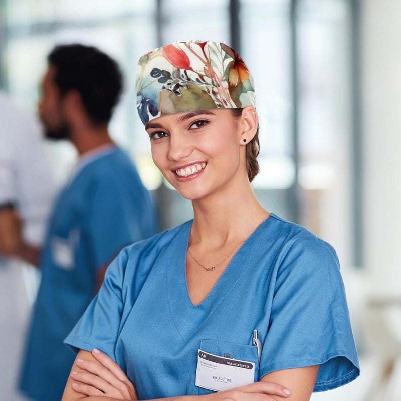 Adjustable 4 Packs Floral Pattern with Flowers Tie Back Hats Caps Bouffant Hat Scrub Hats for Women - Image 5