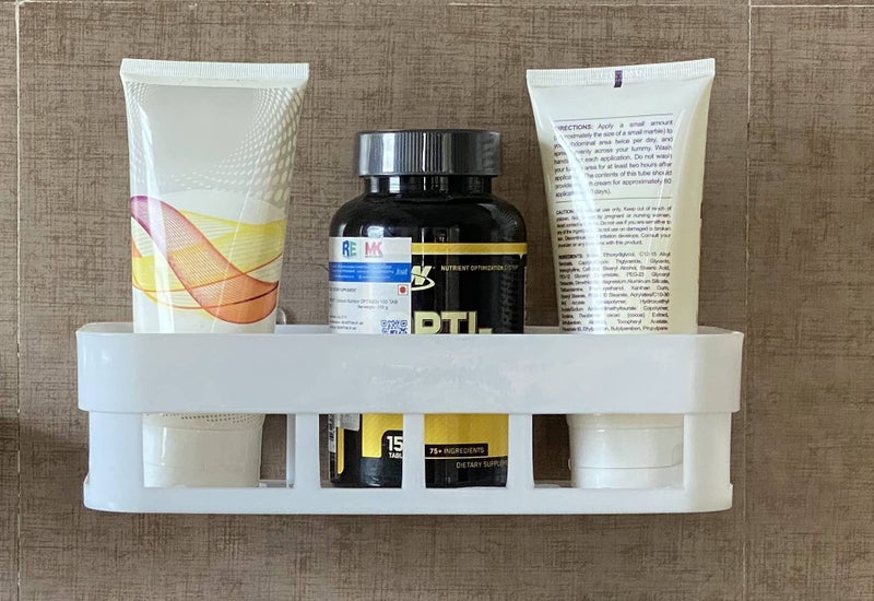 MOSHTU Plastic Bathroom Storage Stand Shelf Organization with Rack Basket with Self Stick for Shampoo, Conditioner and Soap - Image 1