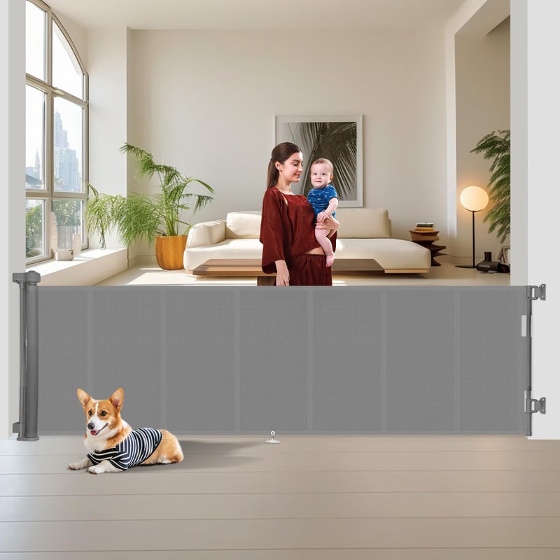 Upgraded 150 inch Retractable Baby Gates Extra Wide with Reinforced Strip Design to Prevent Crawling Through 34 Tall 12 FT Wide Retractable Dog Gate Retractable Gate for IndoorOutdoor