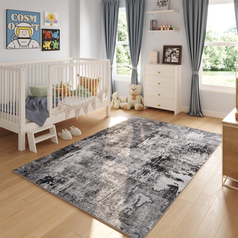 Rugcomf 8x10 Area Rug Washable Boho Rug Soft Non-Slip Non-Shedding Faux Wool Vintage Rug for Living Room, Farmhouse, Dining Room, Indoor, Kids Playroom, Grey and Black - Image 5