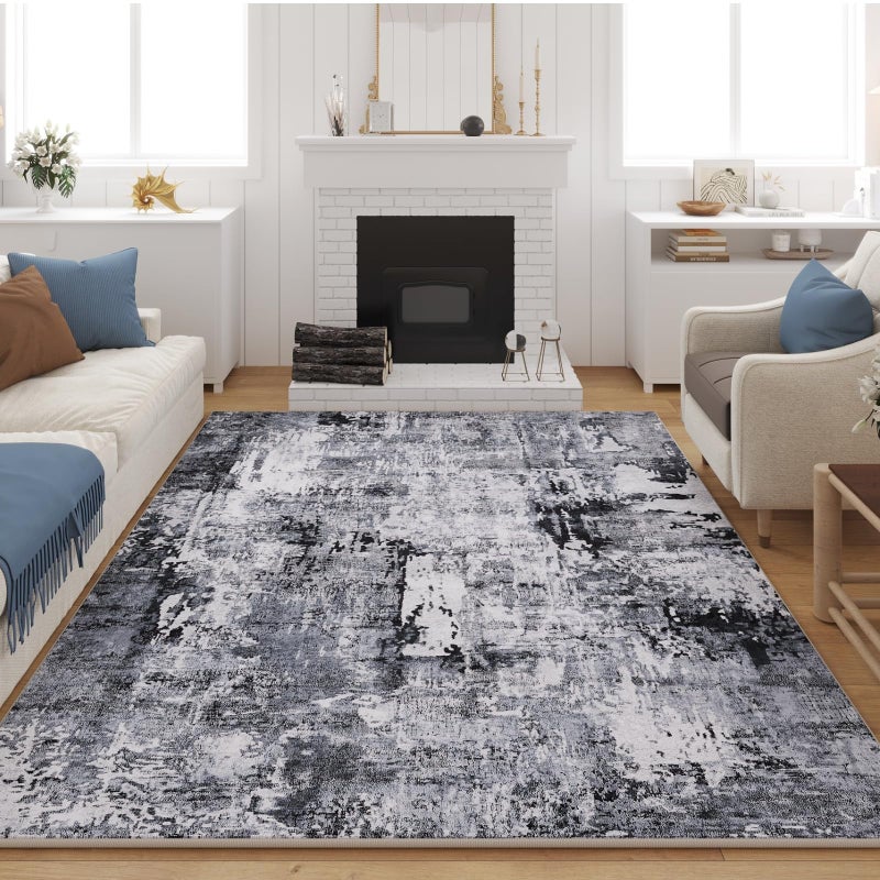 Rugcomf 8x10 Area Rug Washable Boho Rug Soft Non-Slip Non-Shedding Faux Wool Vintage Rug for Living Room, Farmhouse, Dining Room, Indoor, Kids Playroom, Grey and Black - Image 1