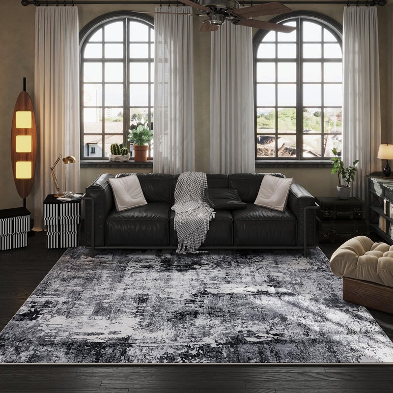 Rugcomf 8x10 Area Rug Washable Boho Rug Soft Non-Slip Non-Shedding Faux Wool Vintage Rug for Living Room, Farmhouse, Dining Room, Indoor, Kids Playroom, Grey and Black - Image 4