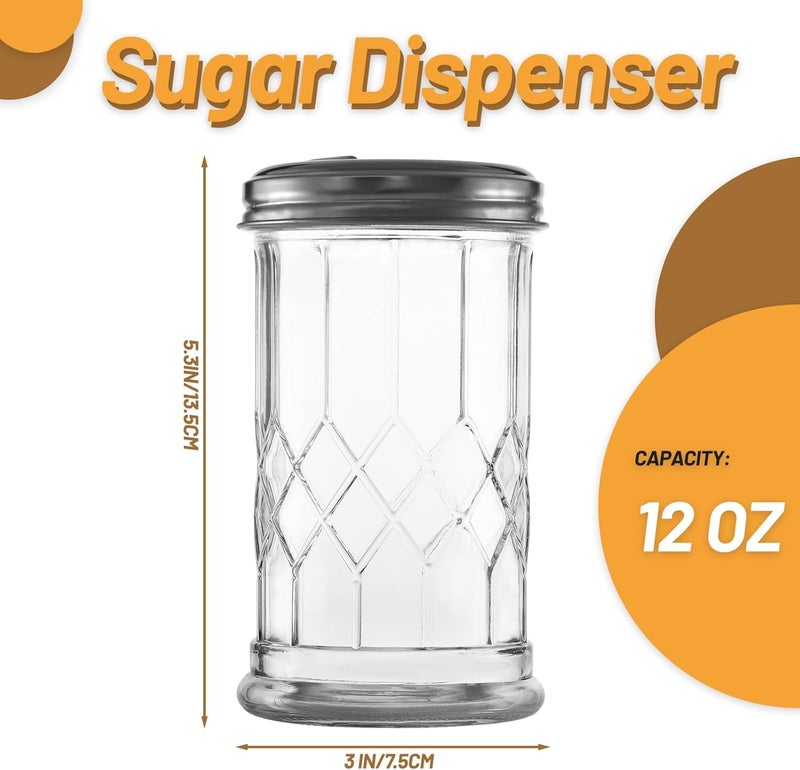 Wongblee Glass Sugar Shaker Dispenser 12oz, Stainless Steel Flip Top Lid for Easy Pouring, Sugar Pourer for Sugar, Powdered Sugar, Parmesan, Cinnamon, & Spices - Image 2