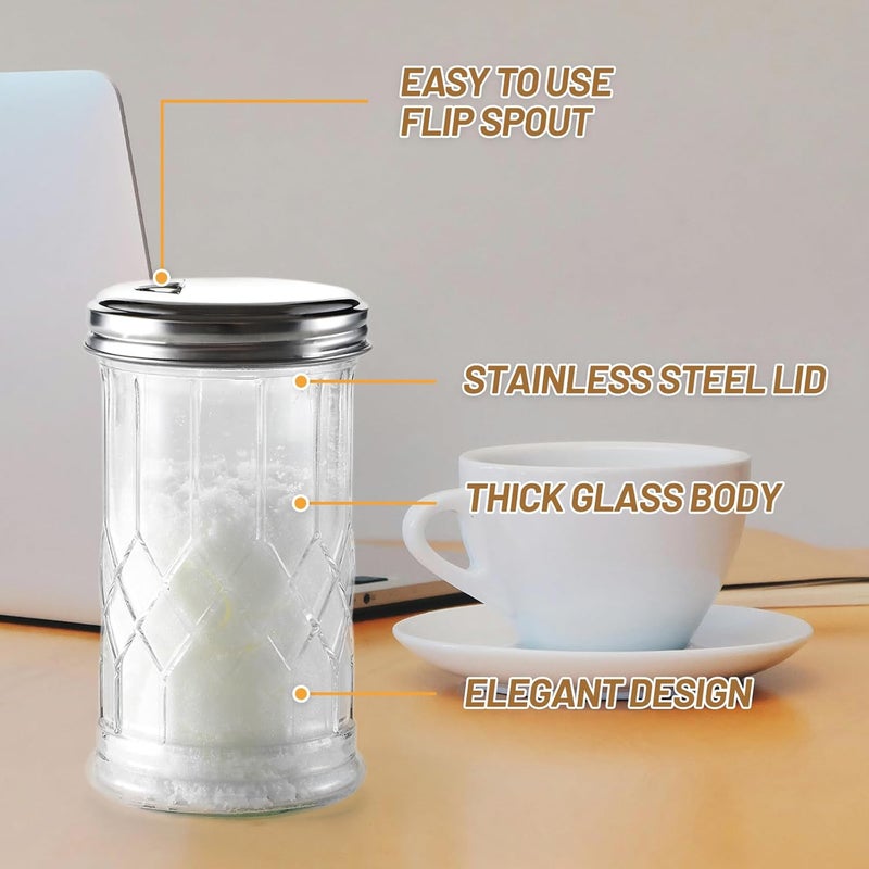 Wongblee Glass Sugar Shaker Dispenser 12oz, Stainless Steel Flip Top Lid for Easy Pouring, Sugar Pourer for Sugar, Powdered Sugar, Parmesan, Cinnamon, & Spices - Image 3