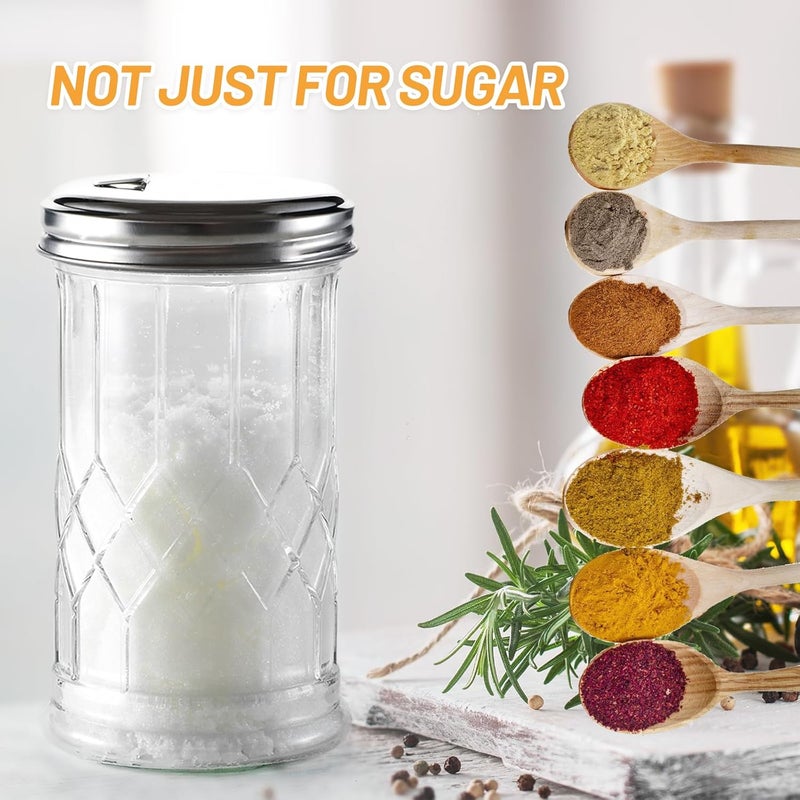 Wongblee Glass Sugar Shaker Dispenser 12oz, Stainless Steel Flip Top Lid for Easy Pouring, Sugar Pourer for Sugar, Powdered Sugar, Parmesan, Cinnamon, & Spices - Image 4