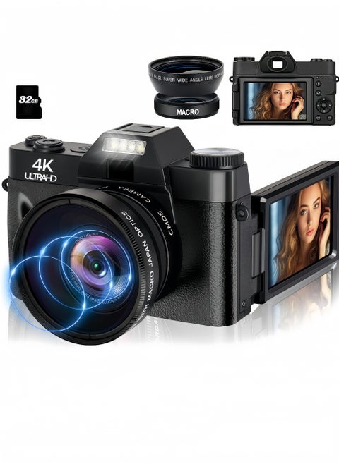 4K Digital Camera for Photography Autofocus 56MP 16X Digital Zoom with WiFi 3'' 180° Flip Screen Vlogging YouTube Video Students Compact Cameras with 1 Batteries 32GB Micro SD Card