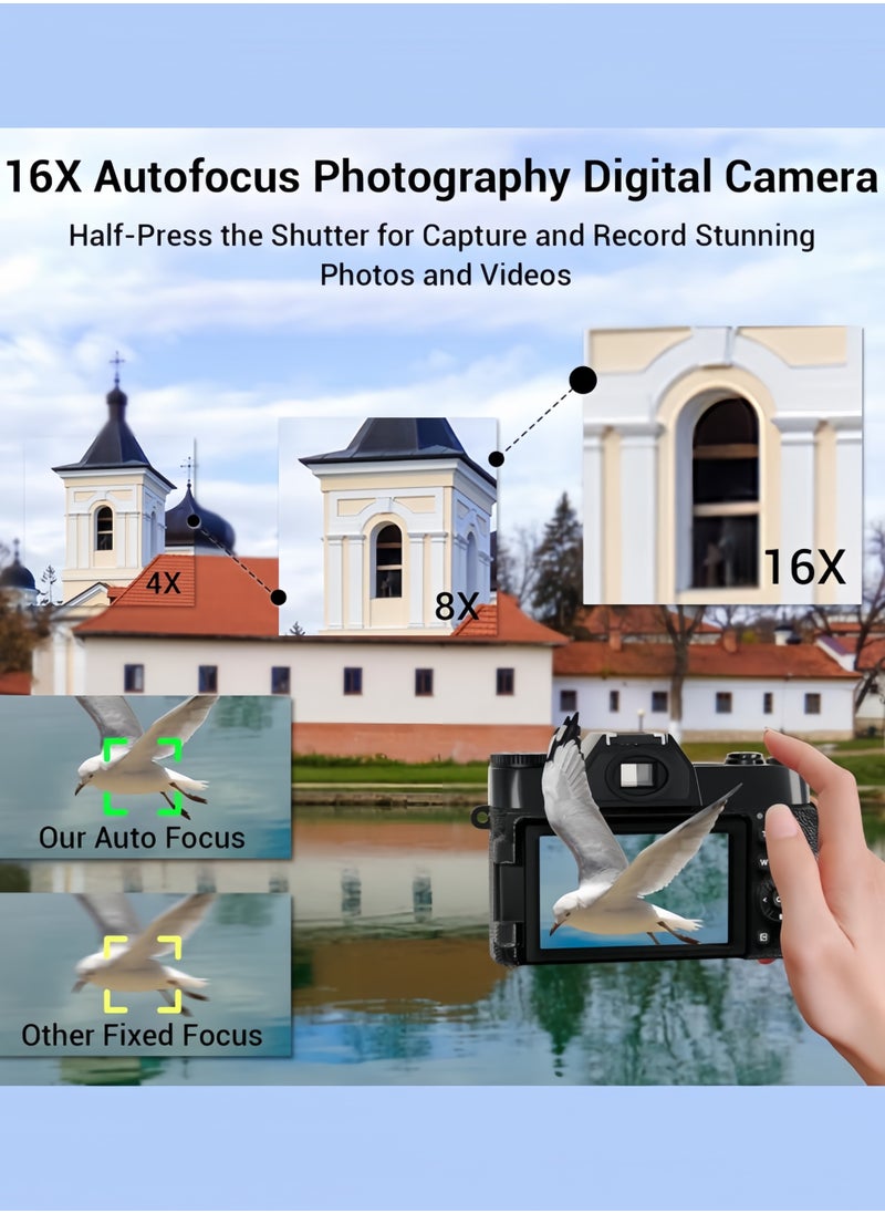 TANGBLIB 4K Digital Camera for Photography Autofocus 56MP 16X Digital Zoom with WiFi 3'' 180° Flip Screen Vlogging YouTube Video Students Compact Cameras with 1 Batteries 32GB Micro SD Card  - Image 5