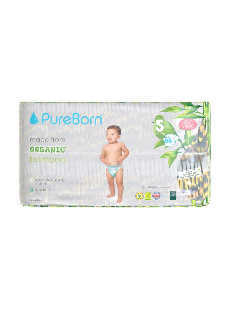 PureBorn Organic Bamboo Eco-Friendly Tape Style Diapers Leopard Print Size 5 With Wetness Indicator 88 Diapers - Image 1