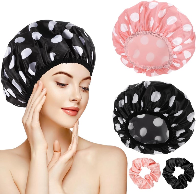 WSICSE 2 Packs Large Shower Caps for Women, Waterproof Reusable Shower Cap Double Layers Hat Bath Caps with Hair Scrunchies for Home Spa Salon - Image 1