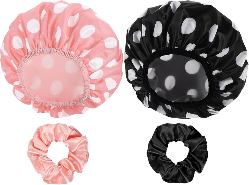 WSICSE 2 Packs Large Shower Caps for Women, Waterproof Reusable Shower Cap Double Layers Hat Bath Caps with Hair Scrunchies for Home Spa Salon - Image 2