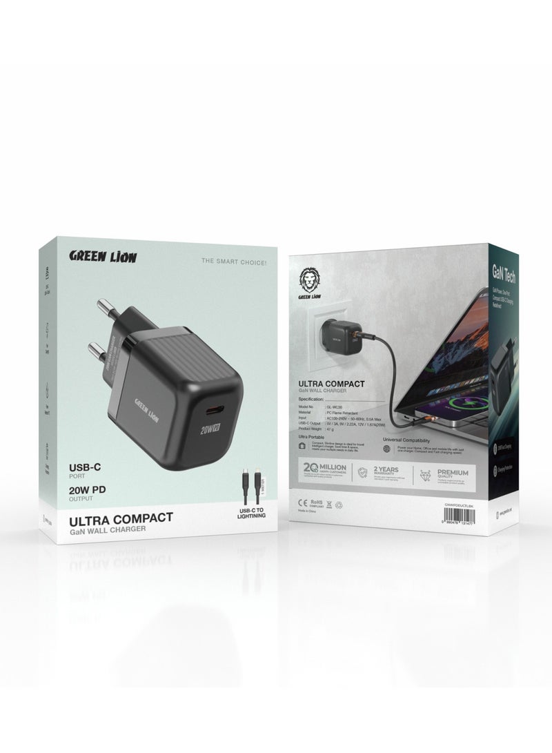 GREEN LION Ultra Compact GaN Wall Charger EU Pin USB-C PD 20W with Type-C to Lightning Cable/Charging Protection / Travel Friendly / Secure Charger for Home & Office - Black - Image 5