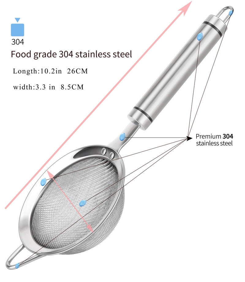 SUNWUKIN 304 Stainless Steel Fine Mesh Strainers for Kitchen, Colander-Skimmer with Handle, Sieve Sifters for Food, Tea, Rice, Oil, Noodles, Fruits, Vegetable - Image 2
