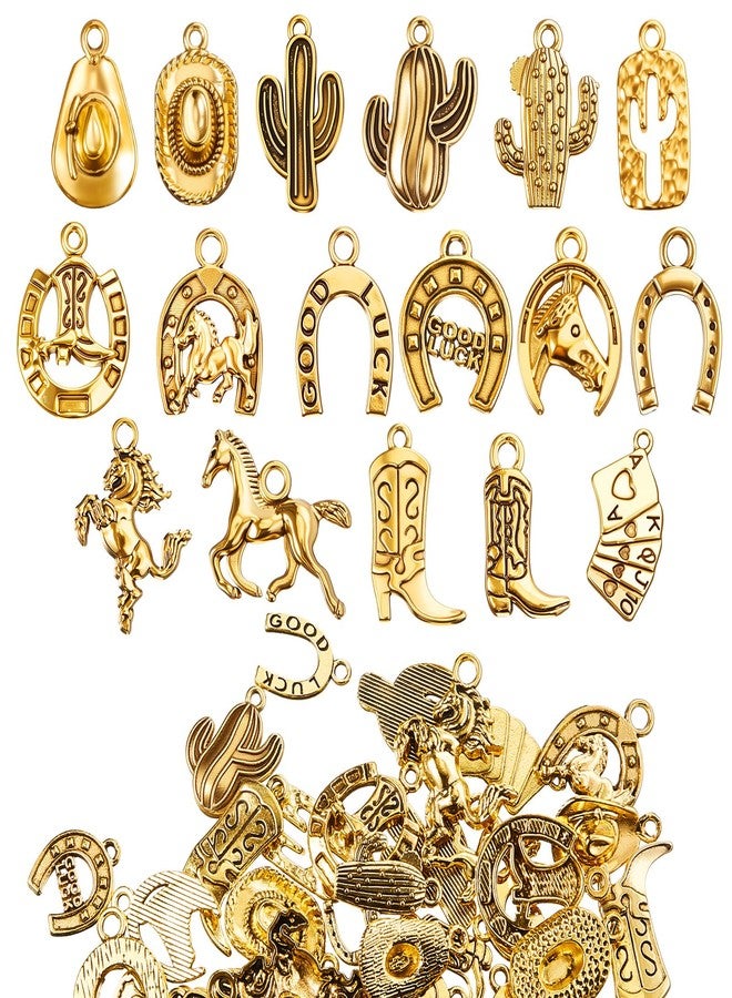 MTLEE 100 Pieces Western Cowboy Charms for Jewelry Making Alloy Antique Cowboy Boot Hat Horse Cactus Charms Horse Western Pendant for Bracelet Necklace, 10 Styles(Gold,Fresh) - Image 1