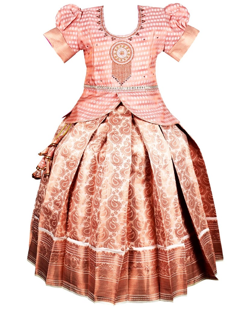 Amirtha Fashion New South Indian Traditional Pattu Pavadai For Kids Pattu Langa Voni Lehenga Choli For Girls Dress (Brown) (1-2 Years) | Material: Cotton Blend | Finish Type: Readymade - Image 5