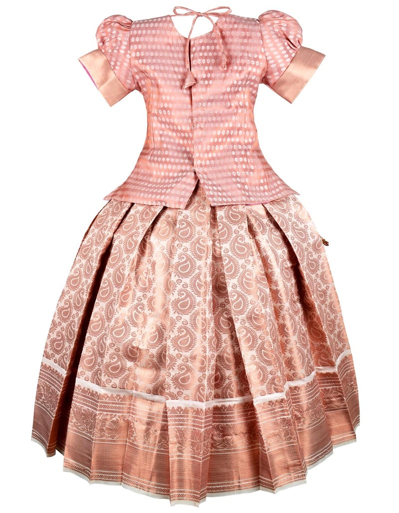 Amirtha Fashion New South Indian Traditional Pattu Pavadai For Kids Pattu Langa Voni Lehenga Choli For Girls Dress (Brown) (1-2 Years) | Material: Cotton Blend | Finish Type: Readymade - Image 2