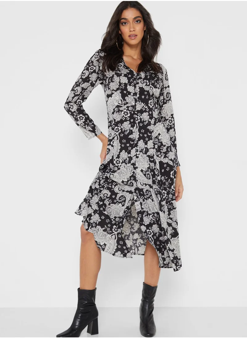 NASTY GAL Floral Print Button Detail Dress