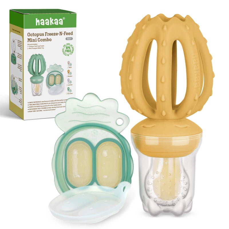 Haakaa Octopus Baby Fruit Food Feeder & Mini Freezer Nibble Tray Combo, Breastmilk Popsicle Molds for Cooling Relief, BPA Free Silicone Feeder for Safe Infant Self Feeding, 4 Month+ï¼ˆMustardï¼‰ - Image 1