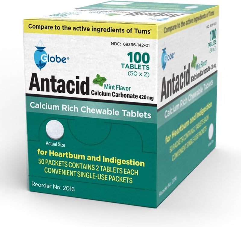 Globe 100 Chewable Mint Antacid Tablets for Acid Indigestion Heartburn and Upset Stomach  50 Packets of 2 Tablets Each 100 Count Made in The USA - Image 1