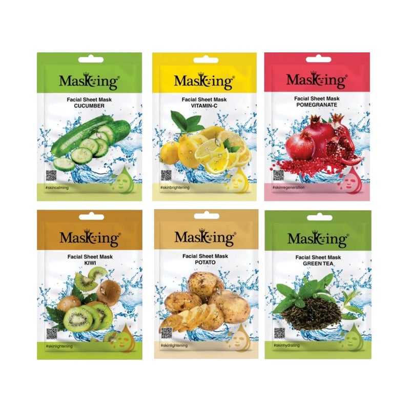 MASKING MasKing Beauty Cucumber VitaminC Pomegranate Kiwi Potato Green tea extract Facial sheet mask for glowing and hydrating daily Skin care combo pack of 6  - Image 1