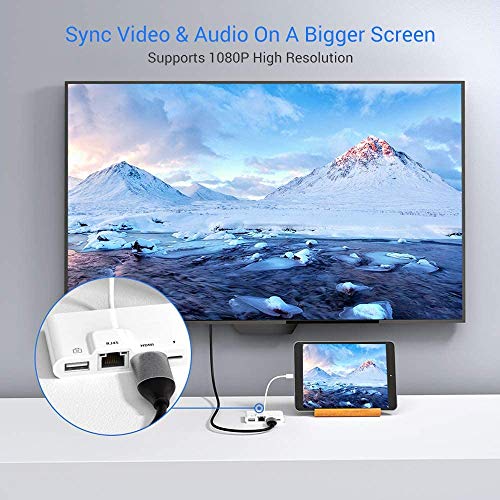 Tobo 4 in 1 Lighting to HDMI Hub RJ45 Ethernet LAN HDMI to Lighting Adapter with Charging OTG USB Camera Reader Wired Internet Charging Converter i-OS13,Lighting+LAN+HDMI+Charging Port TD-651LA-001 - Image 4