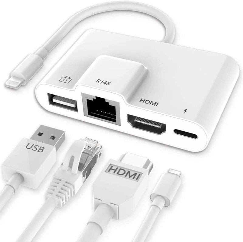 Tobo 4 in 1 Lighting to HDMI Hub RJ45 Ethernet LAN HDMI to Lighting Adapter with Charging OTG USB Camera Reader Wired Internet Charging Converter i-OS13,Lighting+LAN+HDMI+Charging Port TD-651LA-001 - Image 1
