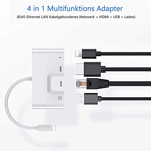Tobo 4 in 1 Lighting to HDMI Hub RJ45 Ethernet LAN HDMI to Lighting Adapter with Charging OTG USB Camera Reader Wired Internet Charging Converter i-OS13,Lighting+LAN+HDMI+Charging Port TD-651LA-001 - Image 2