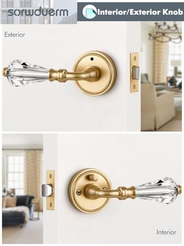 SORWDUERM 1 Pack Gold Glass Door Lever Privacy Crystal Door Levers Satin Brass Door Lever Interior Brushed Gold Door Handle for Bedroom and Bathroom,Zinc Alloy - Image 5