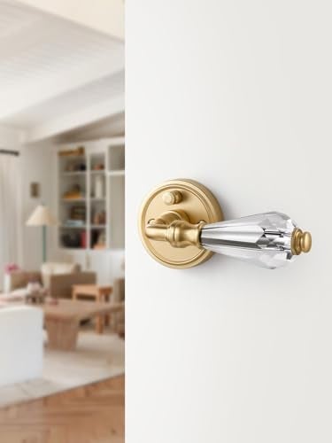 SORWDUERM 1 Pack Gold Glass Door Lever Privacy Crystal Door Levers Satin Brass Door Lever Interior Brushed Gold Door Handle for Bedroom and Bathroom,Zinc Alloy - Image 4