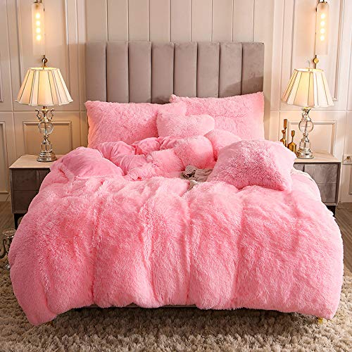Uhamho Faux Fur Velvet Fluffy Bedding Duvet Cover Set Down Comforter Quilt Cover with Pillow Shams, Ultra Soft Warm (Pink, Queen) - Image 1