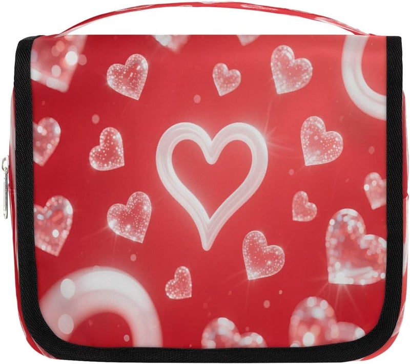 Sparkling Hearts Hanging Travel Toiletry Bag for Women, Foldable Makeup Cosmetic Organizer for Bathroom & Traveling - Image 1