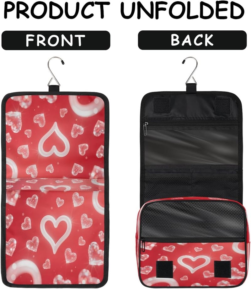 Sparkling Hearts Hanging Travel Toiletry Bag for Women, Foldable Makeup Cosmetic Organizer for Bathroom & Traveling - Image 3