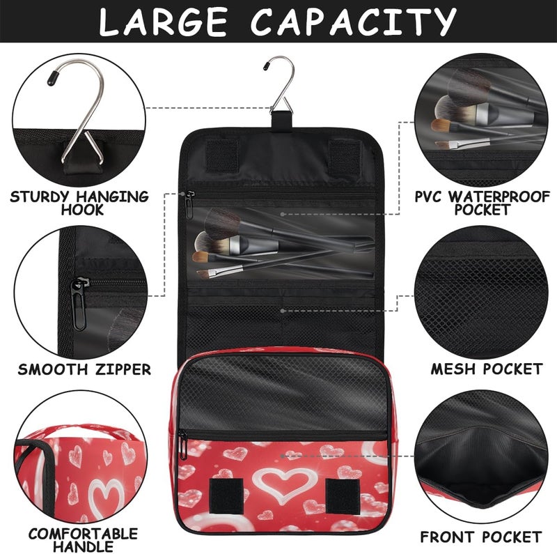 Sparkling Hearts Hanging Travel Toiletry Bag for Women, Foldable Makeup Cosmetic Organizer for Bathroom & Traveling - Image 4