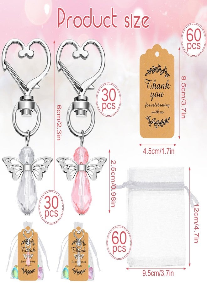 سوريو مجموعة Sureio من 60 سلسلة مفاتيح على شكل ملاك، هدايا مثالية لحفلات استقبال المولود، مع أكياس من الأورجانزا وبطاقات شكر. دلايات على شكل ملاك، هدايا تذكارية للضيوف، هدايا لحفلات الزفاف وأعياد الميلاد، باللونين الوردي والأبيض. - Image 2