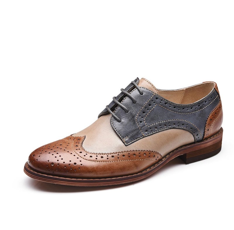 Ulite Brown Blue Perforated Brogue Wingtip Leather Flat Oxfords Vintage Oxford Shoes Women BB 65