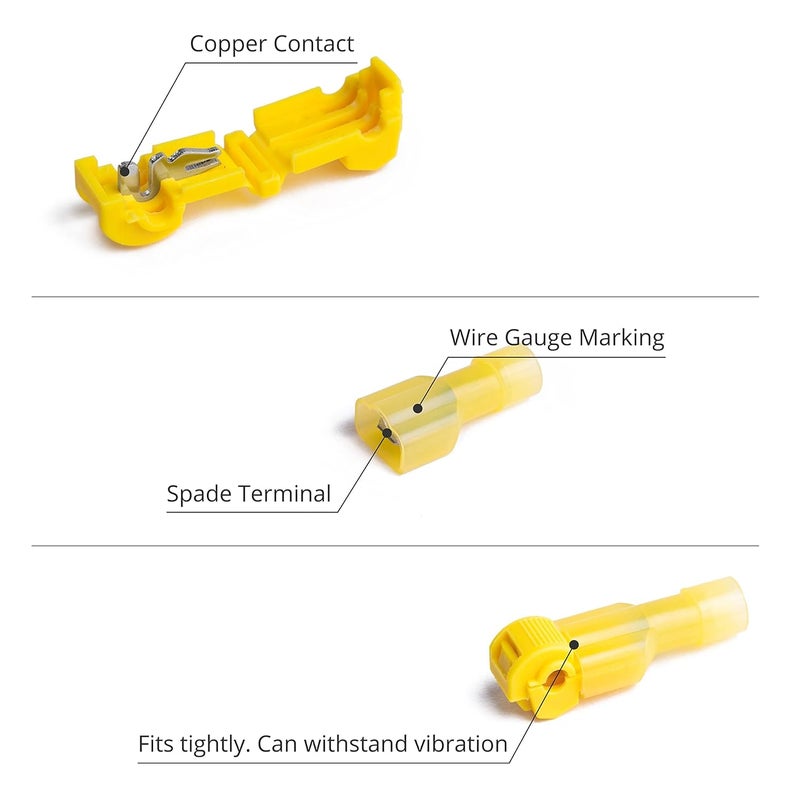 Wirefy 120 PCS T Tap Wire Connectors - Quick Splice Wire Connectors - for Low Voltage Usage - Quick Disconnect Wire Taps - Yellow 12-10 AWG - Image 2
