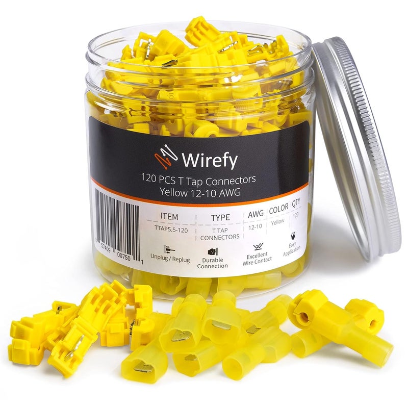 Wirefy 120 PCS T Tap Wire Connectors - Quick Splice Wire Connectors - for Low Voltage Usage - Quick Disconnect Wire Taps - Yellow 12-10 AWG - Image 1