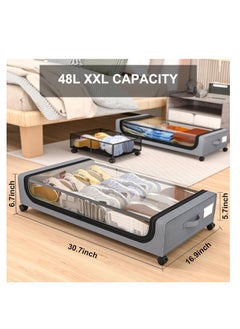 ARCOON ARCOON Under Bed Storage with Wheels: XXL 48L Underbed Storage Containers with Lids - Rolling Drawers for Shoes Clothes in Dorm Bedroom - Space-Saving Easy Pull-out Grey, Pack of 2 pieces  - Image 2