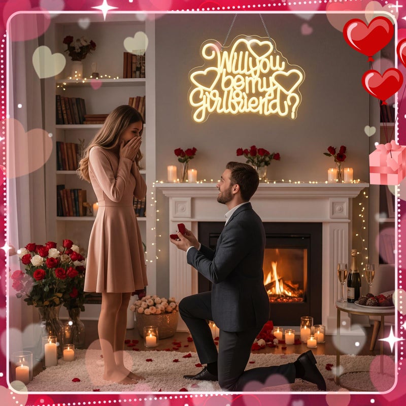 Tujoe Large Will You Be My Girlfriend Neon Light Hanging Proposal Sign Valentines Day Wall Decor Dimmable Switch Warm White LED Light Letters Sign for Girlfriend Bedroom Living Room USB - Image 5