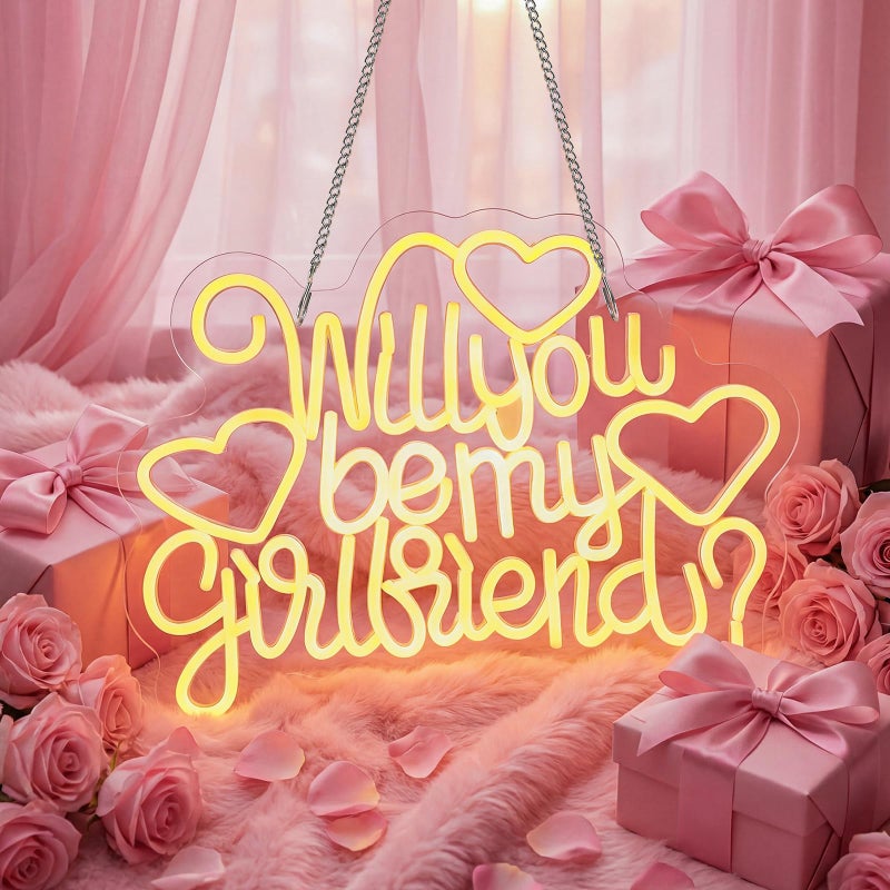 Tujoe Large Will You Be My Girlfriend Neon Light Hanging Proposal Sign Valentines Day Wall Decor Dimmable Switch Warm White LED Light Letters Sign for Girlfriend Bedroom Living Room USB - Image 1