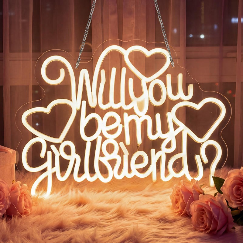Tujoe Large Will You Be My Girlfriend Neon Light Hanging Proposal Sign Valentines Day Wall Decor Dimmable Switch Warm White LED Light Letters Sign for Girlfriend Bedroom Living Room USB - Image 2