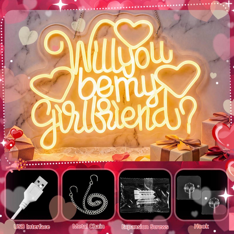 Tujoe Large Will You Be My Girlfriend Neon Light Hanging Proposal Sign Valentines Day Wall Decor Dimmable Switch Warm White LED Light Letters Sign for Girlfriend Bedroom Living Room USB - Image 4