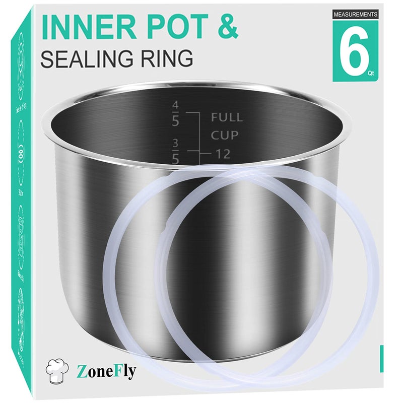 ZoneFly Inner Pot for Instant Pot 6 Qt with 2Pack 100 Silicone Sealing Ring Replacement Pot for InstaPot Cooking Pot Stainless Steel Equivalent to IPPOTSS30460 Nonstick Pot 6Qt Liner 