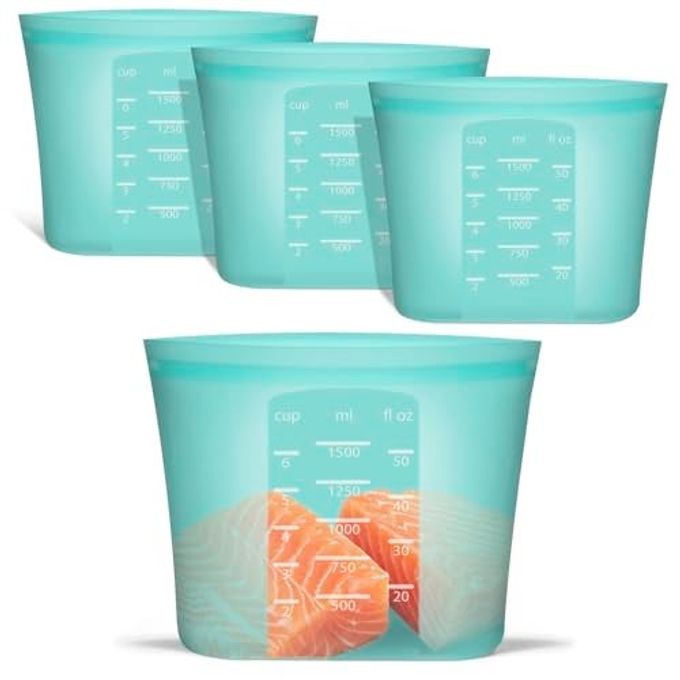 Annaklin Large Reusable Storage Bag, 4 Pack 100% Silicone Food Storage Bags Stand Up Silicone Zip Lock Bags for Food Container, Freezer Microwave Oven Dishwasher Safe, Aqua, 50.7oz/ 1500ml